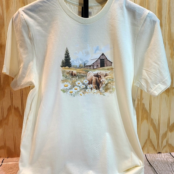 Highland Cow Pastoral Scene Cream Short Sleeve Tee - Picture 9 of 9
